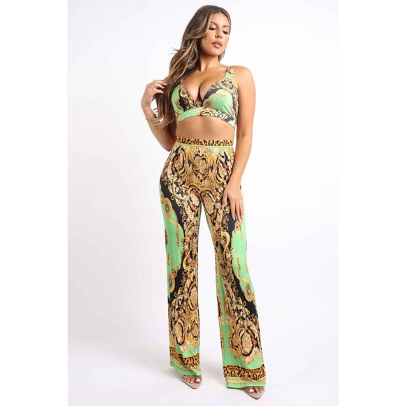 Women's Printed Sleeveless Crop Top And Matching Flare Pants Party Outfit Set - Picture 3 of 13